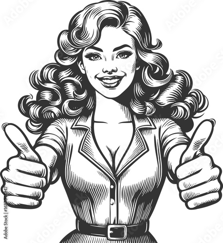 smiling woman with voluminous curly hair, giving two thumbs up in a cheerful and positive gesture sketch engraving generative ai fictional character vector illustration. Scratch board. Black and white