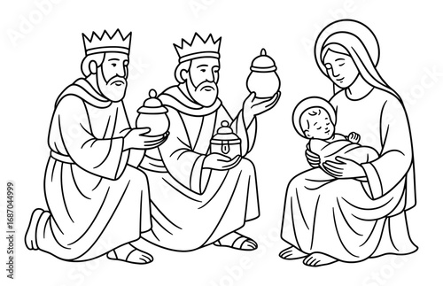 Three wise men visiting with gifts in a traditional christmas nativity scene for holiday decoration