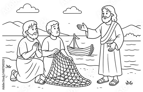 Biblical scene of jesus calling disciples by the sea for faith-based coloring book design