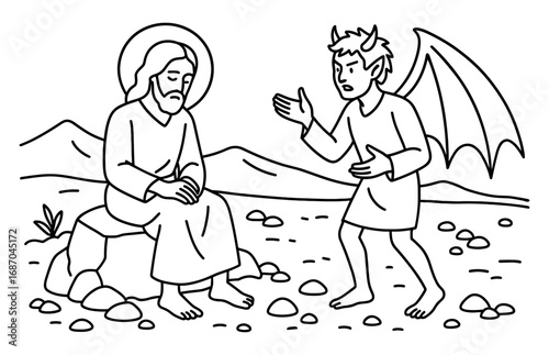 Biblical scene depicting the temptation of jesus by satan in desert setting for educational and spiritual use