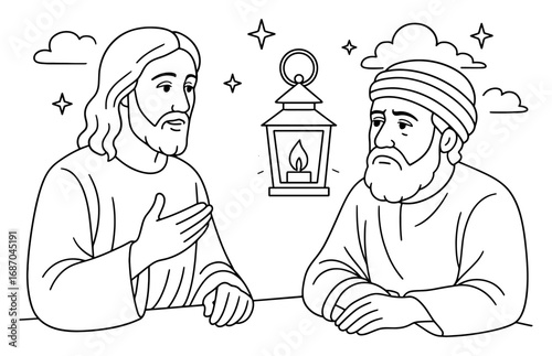 Biblical encounter: jesus and nicodemus discussing faith by lantern light