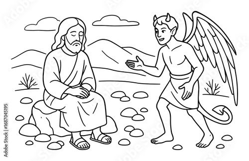 Biblical scene of jesus and devil in desert setting for religious education and coloring