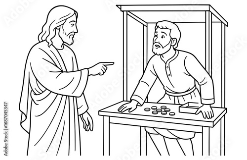 Biblical scene of jesus calling matthew at tax collector's booth