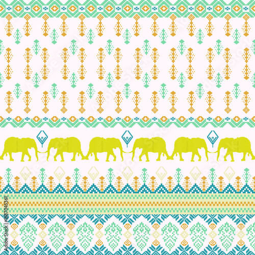 Cross-stitch ethnic seamless pattern with yellow elephants. Tribal vector texture. Aztec style. Design pixel patterns for wallpaper, tiles, textiles, and elaborate borders. 