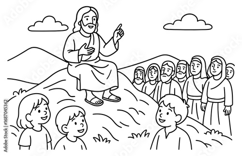 Sermon on the mount scene with jesus and followers for religious education and design