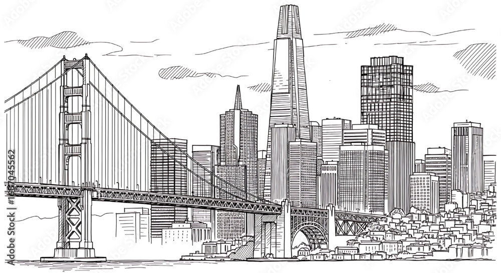 Fototapeta premium Sketch illustration of the San Francisco skyline featuring the Golden Gate Bridge. Detailed hand-drawn vector art of the famous California city.