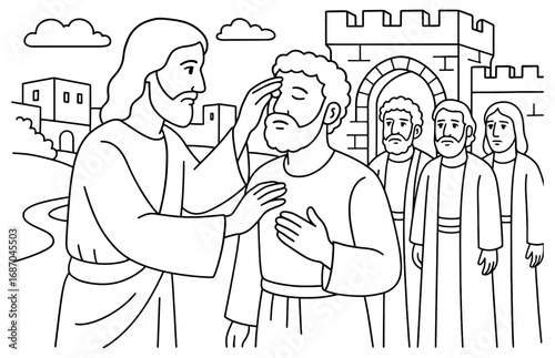 Healing at city gate: biblical scene with figures at ancient town entrance, spiritual encounter