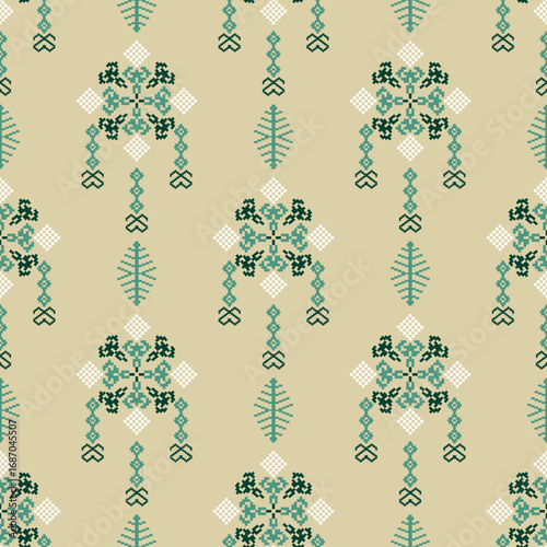 Pixel ethnic boho seamless pattern. Traditional ornament. Tribal pattern. Cross-stitch embroidery. Folk motif. Designed for wallpaper, textiles, tiles, wrapping, and backgrounds.
