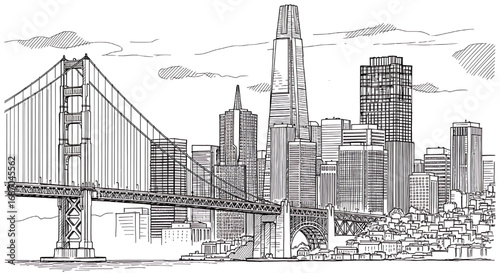 Sketch illustration of the San Francisco skyline featuring the Golden Gate Bridge. Detailed hand-drawn vector art of the famous California city.