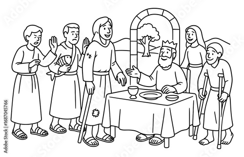 Wedding feast parable depicting a biblical scene with guests and a king, suitable for religious education