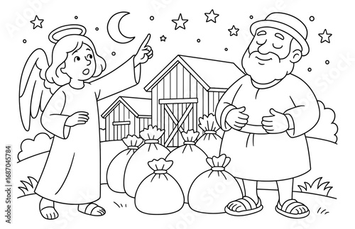 Rich fool parable scene with angel and wealthy man in countryside barn setting for educational use