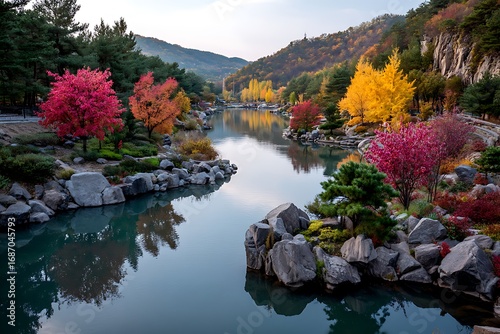 The vibrant autumn foliage at Hwadam Botanic Garden in Korea, captured through urban exploration photography.
