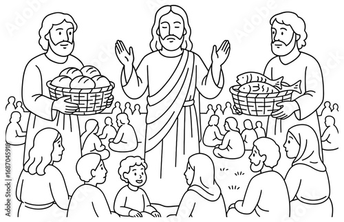 Miracle of abundance depicting loaves and fishes scene for educational and inspirational use