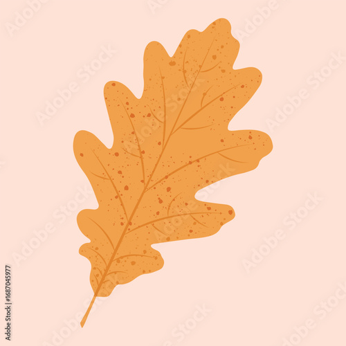 Vector illustration of autumn oak tree leaf in yellow and orange colours on a light beige background.