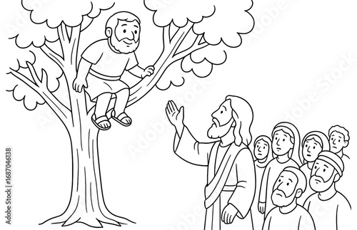 Biblical scene of zacchaeus in tree with jesus and crowd for educational materials