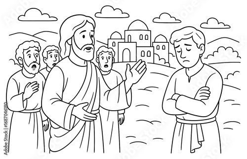 Biblical scene of jesus and the rich young ruler in ancient setting for educational use