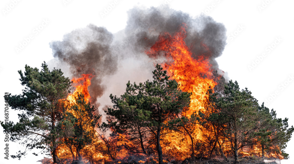 Fototapeta premium A dramatic scene of a forest fire, showcasing flames engulfing trees with thick smoke billowing into the air, highlighting the intensity and danger of wildfires in natural landscap