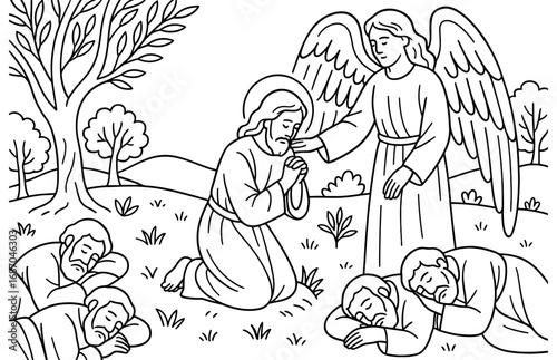 Gethsemane prayer scene with jesus and angel for religious design use