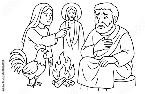 Biblical scene of peter's denial with jesus, rooster, and fire illustration