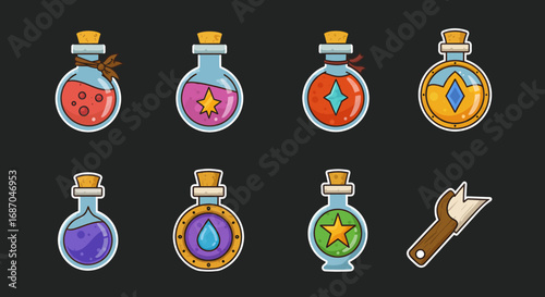 Collection of colorful magic potions in glass bottles.