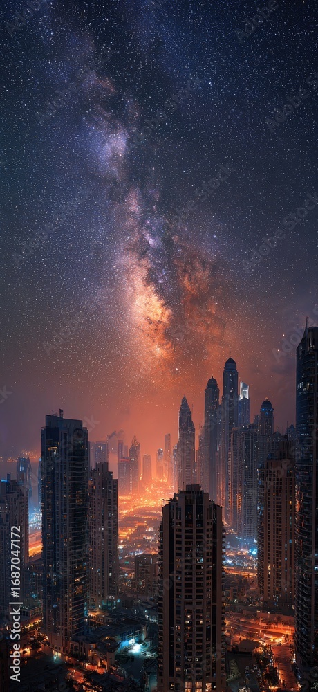 Fototapeta premium City skyline at night under a vibrant Milky Way
