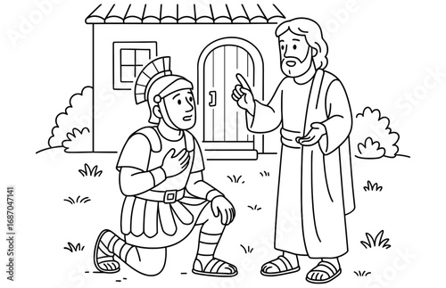 Biblical scene of peter and cornelius meeting for religious education and storytelling