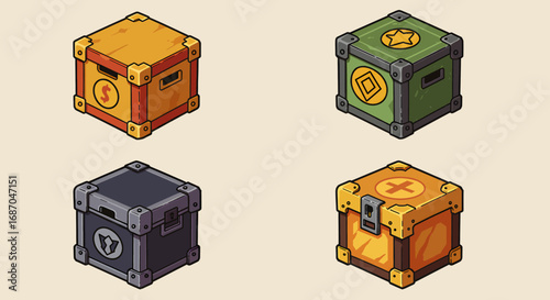 Four Different Colorful Crates or Chests.