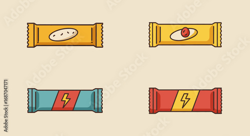 Four energy bars in different colors and designs.