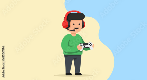 Gamer character holding a controller and wearing headphones.