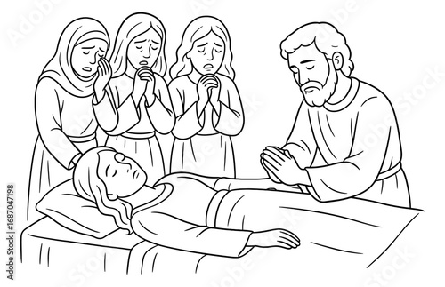 Biblical scene of peter healing dorcas with praying onlookers in religious artwork for faith-based designs