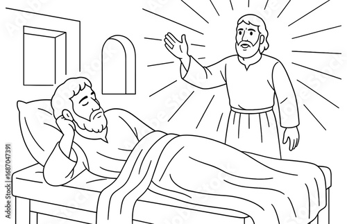 Biblical vision scene with angelic figure and sleeping man for inspirational design