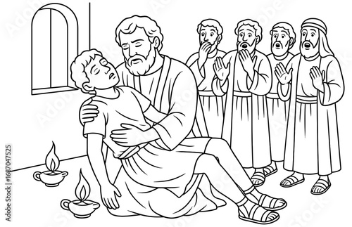 Biblical scene of paul reviving eutychus for religious education and teaching
