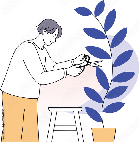 Person pruning plant indoors vector illustration scalable graphic for your designs