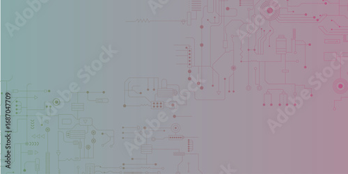 Vector circuit board frame background  and electronic components on gradient backdrop, abstract technology design, modern digital motherboard illustration, minima