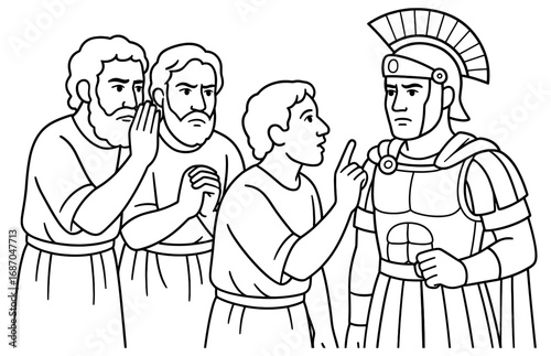 Ancient conspiracy whispers with roman soldier and citizens for historical illustration