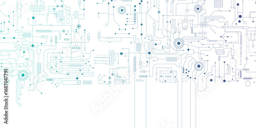 Electronic circuit board frame with white center, abstract black PCB lines and components, vector technology background, digital schematic pattern, modern tech design on white. 