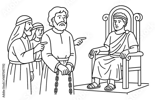 Biblical scene of apostle paul's trial with roman judge and accusers - line art for educational material