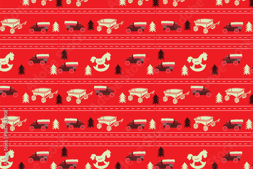 Analog Texture Vintage Toys Christmas Seamless Pattern on Red Background Horizontal Pattern