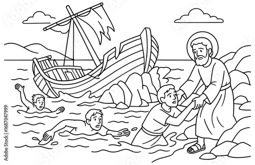 Shipwreck rescue scene with savior assisting survivors at sea