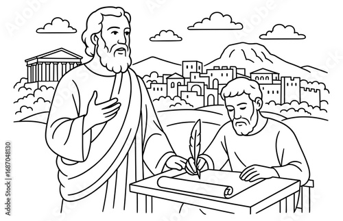 Apostle paul dictating corinthian epistle with ancient cityscape background