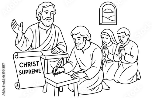 Apostle teaching scene with spiritual writing depiction
