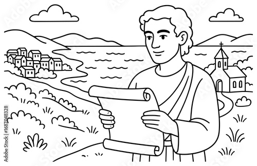 Biblical figure titus by the sea with scroll near ancient village and church landscape