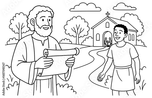 Biblical scene featuring philemon and onesimus in front of church with scroll