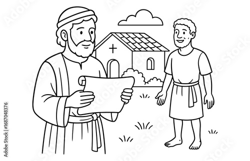 Biblical scene of philemon and onesimus in front of church for coloring book