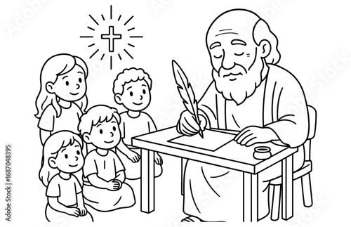 Apostle teaching children about faith and wisdom in religious education scene
