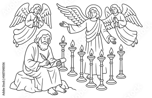 John's vision with angels and candles - spiritual art for religious themes
