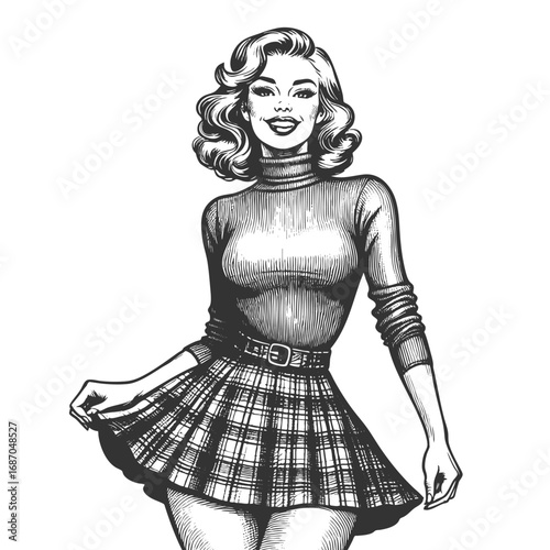 smiling woman in plaid skirt, exuding a playful and confident retro fashion look sketch engraving generative ai fictional character vector illustration. Scratch board imitation. Black and white image.
