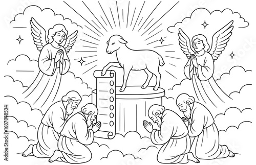 Heavenly scene with lamb on scroll surrounded by angels and worshippers