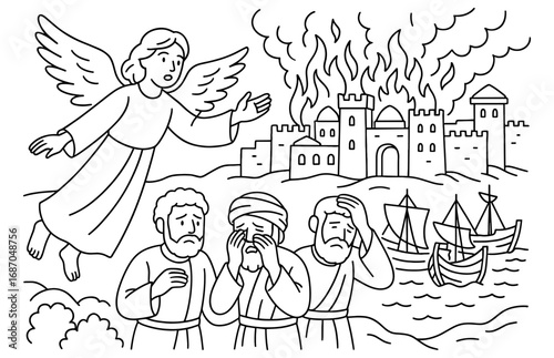 Angelic messenger witnessing the fall of babylon with worried sailors by the burning city