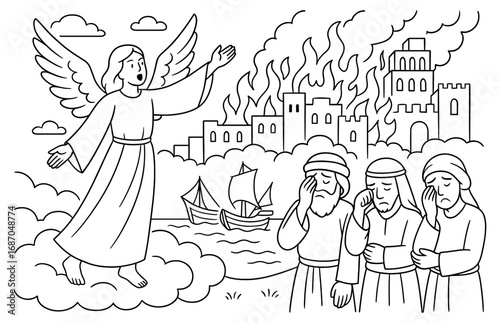 Angelic figure overlooks the fall of babylon with burning city and mourning figures